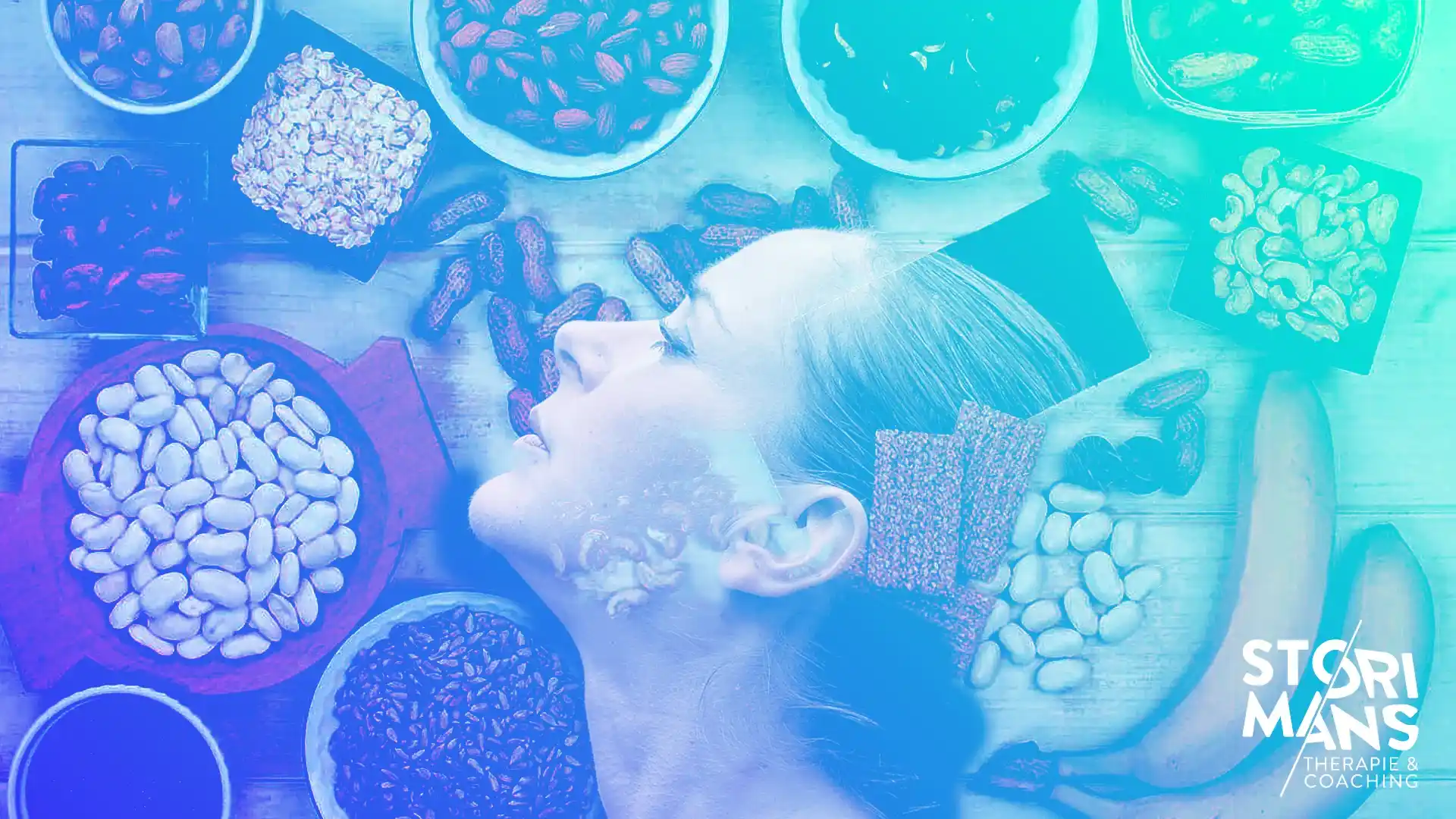 Persoon omringd door magnesiumrijke voedingsmiddelen, waaronder bonen, noten en zaden, als weergave van magnesiumtekort en ADHD
